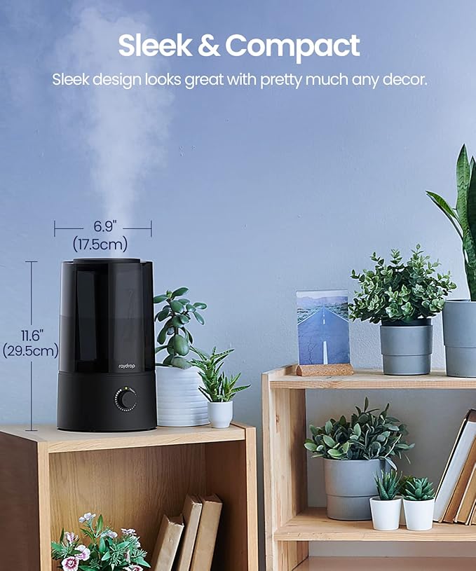 raydrop Humidifiers for Bedroom, Humidifiers for Home & Large Room, Cool Mist Humidfiers for Baby and Plant, Adjustable Mist Level, Auto Shut-Off, Black, 4.0L