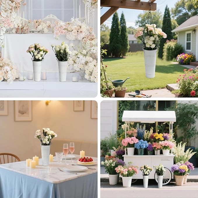 9 Inch Galvanized Metal Vases for Flowers - 8 Pcs Farmhouse Decorative Tall Flower Bucket with Handles, Rustic French Tin Planter Buckets for Table Weddings Home Decor (White, 8 Pcs 9inch)