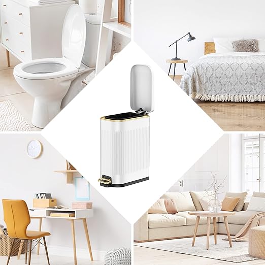 BETHEBEST Bathroom Trash Can with Lid,4 Gallon /15L Rectangular Garbage Can with Removable Inner Wastebasket,Soft Close, Step Stainless Steel Trash Can for Bathroom,Kitchen,Office(White)