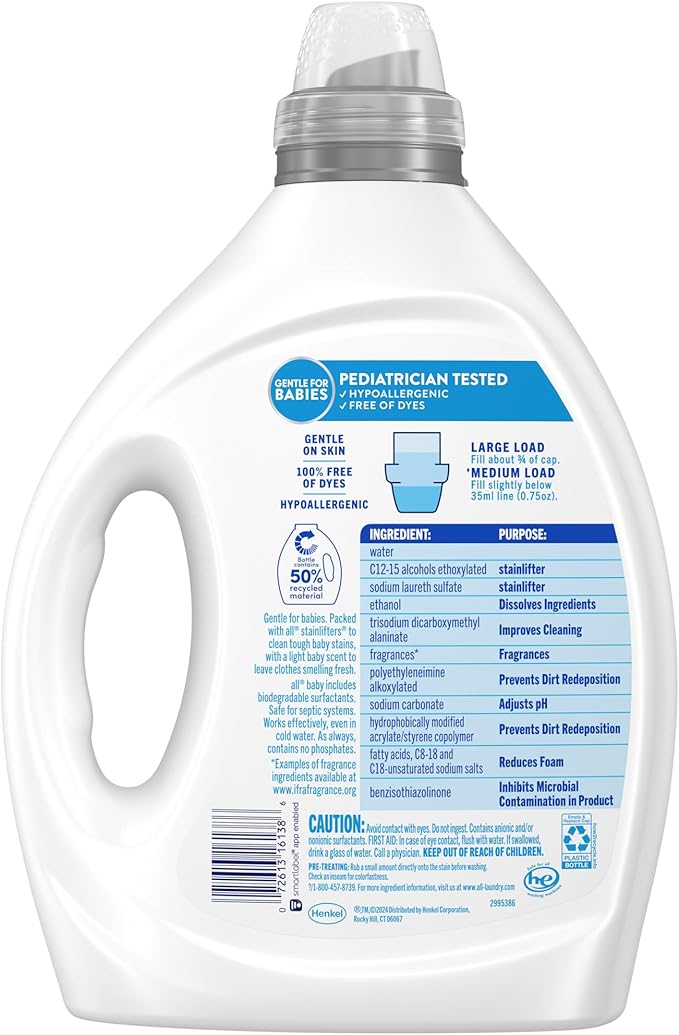 all Baby, Gentle for Baby, Liquid Laundry Detergent, Hypoallergenic for Sensitive Skin, Concentrated, 75oz, 100 Loads