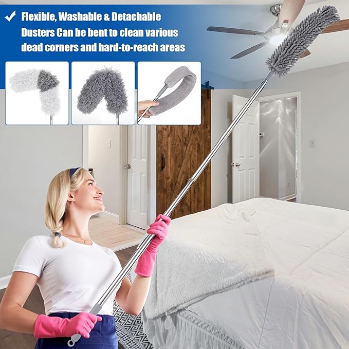 9PCS Dusters for Cleaning,Extendable Microfiber Duster with Extension Pole Up to 100'',Bendable Washable and Reusable Dusters Kit for Ceiling Fans, High Ceilings,Blinds,Furniture and Cars