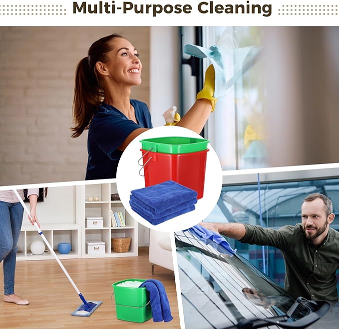 yeesport 6 Pcs Cleaning Buckets, Square Plastic Buckets with Metal Handles, Red & Green Square Caddies, Small Cleaning Pails for Home, Office, and Car Cleaning, 3 Towels Included