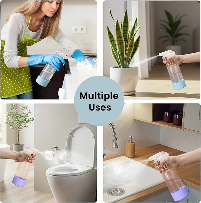 Glass Spray Bottles with Silicone Sleeve, 2 Pack 16.9oz Refillable Containers with Adjustable Spray Nozzles, Empty Spray Bottle for Cleaning Solutions, Hair, Plants (Light Blue+Purple)