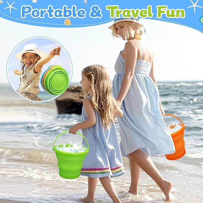 Foldable Beach Sand Toy Bucket for Kids Adults, Jumbo Collapsible Sandbox Bucket, Foldable Pail with Mesh Bag, Multi Use for Garden Beach, Camping, Easter Basket Gift, Fishing, Travelling 3PCS