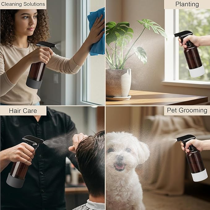 Glass Spray Bottles with Silicone Sleeve 16.9oz 2 Pack Empty Spray Bottle for Hair Mist/Stream Spraying for Cleaning Solutions, Plants, Essential Oils (Brown-grey&white)