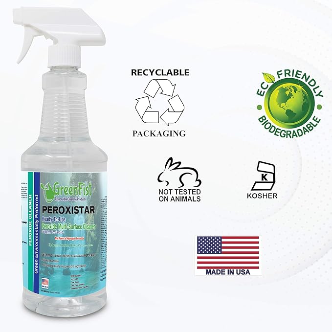 GreenFist PeroxiStar Hydrogen Peroxide All Purpose (Glass, Carpet,Stain Remover) Cleaner (1 Quart, 32 oz - 3 PACK)