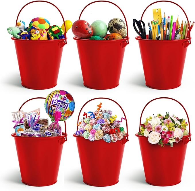 Small Metal Buckets with Handle 6 Pcs – Galvanized Bucket Leak Proof & Rust Resistant 48 fl oz Capacity - Best for Party Décor, Christmas & Decorating Classrooms (Red, Large 6.3" Top)