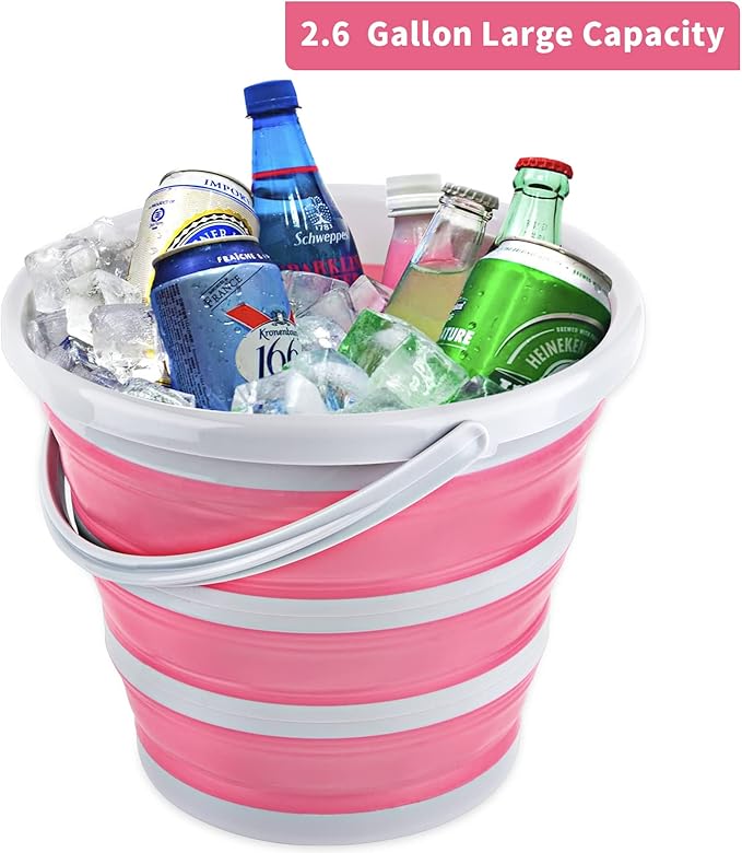 Collapsible Bucket 10L 2.6 Gallon Cleaning Bucket Mop Bucket Folding Foldable Portable Small Plastic Water Supplies for Outdoor Garden Camping Fishing Car Wash Space Saving Grey and Pink