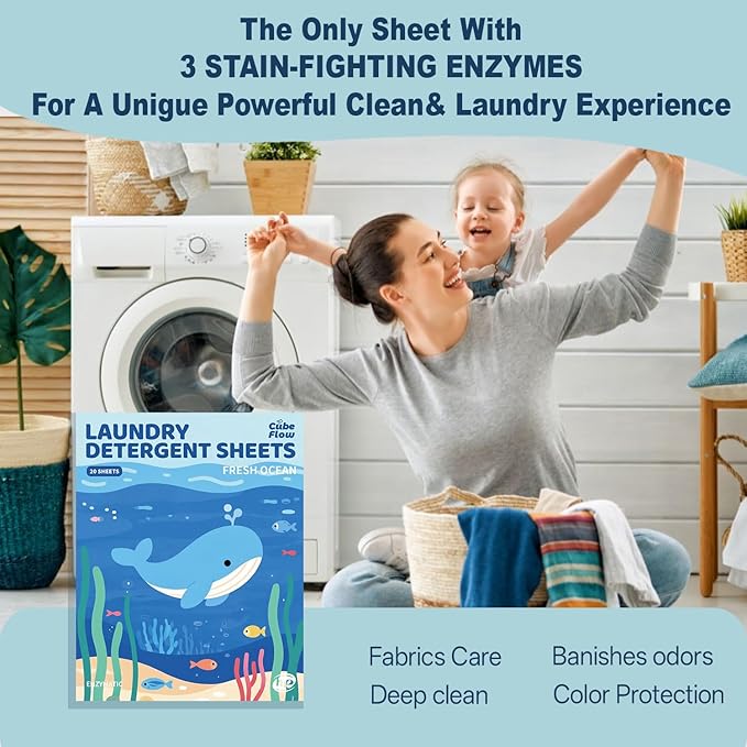 Laundry Detergent Sheets, Fresh Ocean Scent - 40 Loads | Plastic-Free, Eco Friendly Sheets | Pre-Measured, Liquidless for Deep Clean | Hypoallergenic, Travel Laundry Soap Strips