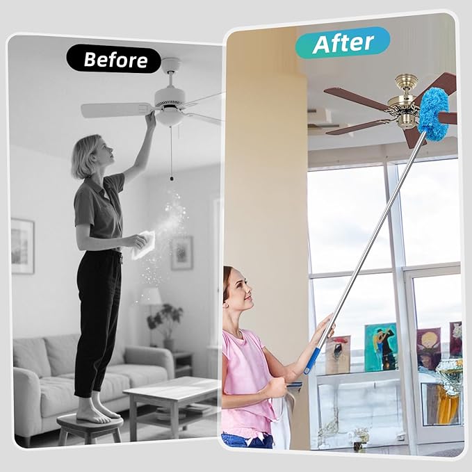 DRQ Ceiling Fan Cleaner Duster, Reusable Microfiber Duster with Extension Pole, 13 to 48 Inch Fan Blade Cleaner, Removable Dusters for Cleaning Walls Bookshelves Door Window Top (Blue)