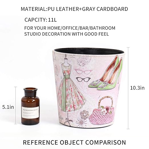 PU Leather Small Trash Can Wastebasket, Round Garbage Container Basket for Bathrooms, Laundry Room, Kitchens, Offices, Kids Rooms, Bedrooms,Dorms,Home Decorative Art Bin, 2.9 Gallon(Fashion Style)
