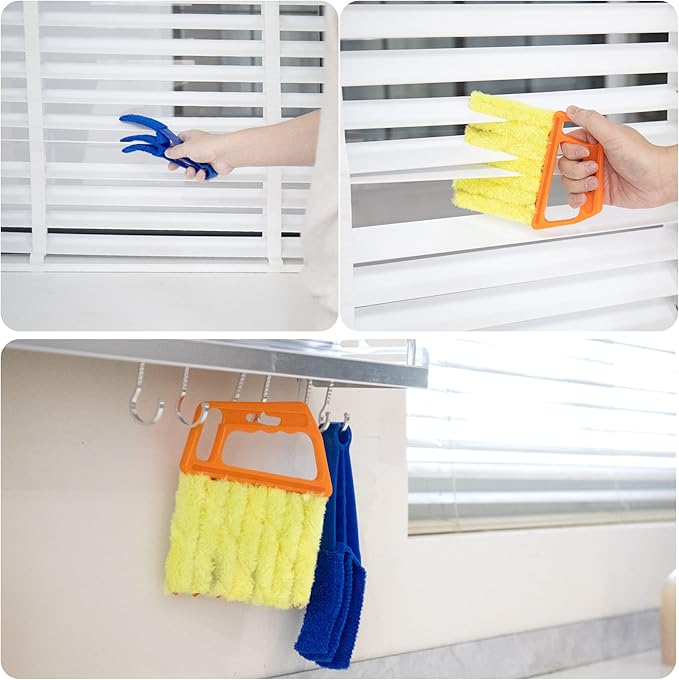 2Pcs Window Venetian 7 Finger Blind Cleaner Duster Tool and 2Pcs dust-Removing Brushes(Orange,Yellow, Blue)