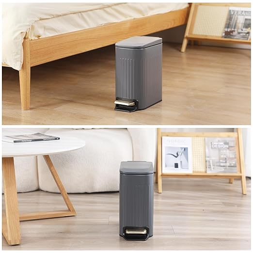 Slim Bathroom Trash Can with Lid Soft Close, Stainless Steel Garbage Can Step Trash Bin with Removable Inner Bucket for Bedroom, Office, Kitchen (Matt Grey, 1.8 Gallons)