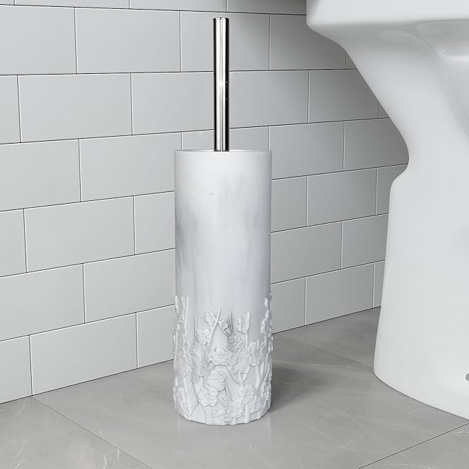 Marble Cherry Blossom Design Resin Toilet Brush and Holder Set for Bathroom, Stylish Design with Durable Bristles and Compact Storage