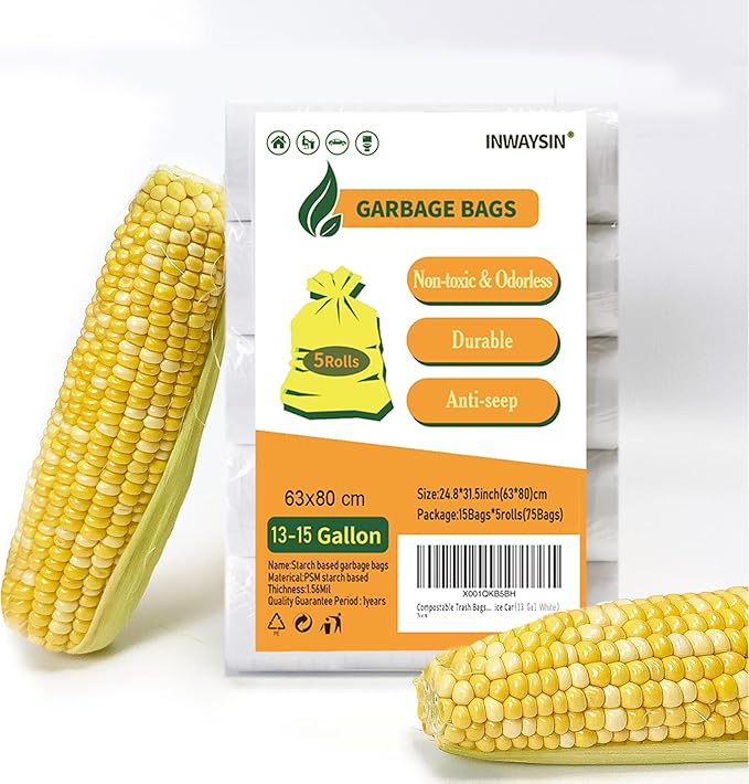 Trash Bags 13 Gallon Tall Kitchen Garbage Bags, Inwaysin Recycle Bags, Biodegradable White Trash Bags, 75ct