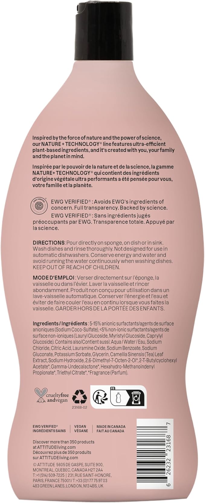 ATTITUDE Dish Soap, EWG Verified, Plant-Based & Vegan Dishwashing Liquid, Naturally Derived, English Pear Scent, 24 Fl Oz