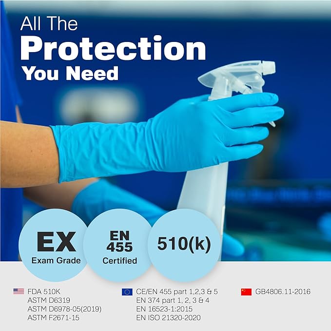 Raxwell Blue Nitrile Disposable Gloves, Latex Free Food Grade, 8.5mil, Extended Cuff, Waterproof, Ambidextrous, Textured Grip
