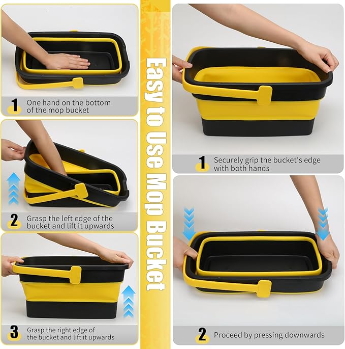 Collapsible Mop Bucket for Cleaning with Handle, Silicone Square Wash Bucket for Windows Cleaning Car Washing,Cleaning Supplies Organizer Plastic Water Bucket for Storage Household use, 3-Gallon