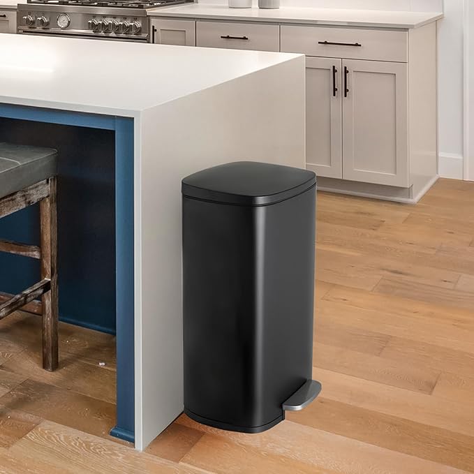 8 Gal Kitchen Trash Can, 30L Recycling or Garbage Bin, Brushed Stainless Steel Waste Basket, Soft&Quiet Close Dustbin, with Step-On Pedal, Removable Inner Bucket, for Home, Office, LIving Room