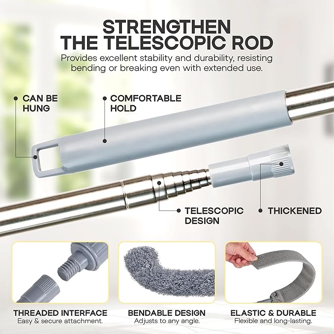 Microfiber Extendable Duster with Extension Pole Upto 100 Inch, 8 PCS Washable, Bendable, Reusable Long Handle Feather Dusters kit for Cleaning Ceiling Fan, High Ceilings, Blinds, Furniture & Cars