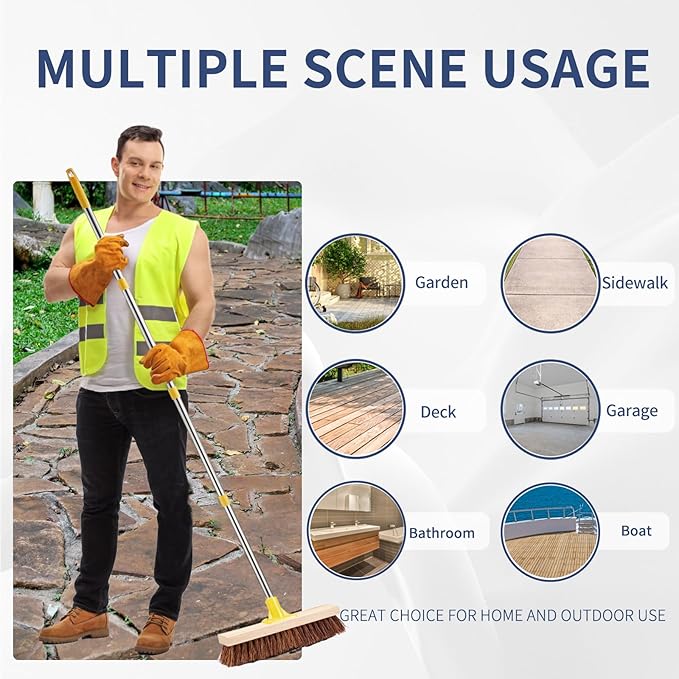 Floor Scrub Brush with Long Handle - 60" Heavy Duty Deck Brush with Stiff Natural Palmyra Bristle for Scrubbing, Outdoor Scrubber Brushes for Cleaning Concrete Floor, Garden, Patio, Shower