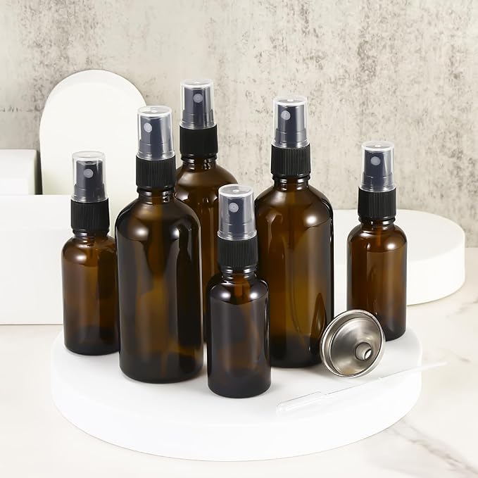 1 oz ml Amber Glass Spray Bottles,Small Empty Fine Mist Refillable Travel Spray Bottle for Cleaning,Perfume,Aromatherapy,Cosmetic Sprays,Hair,Essential Oils with Fine Mist Dispenser(6 Pack)