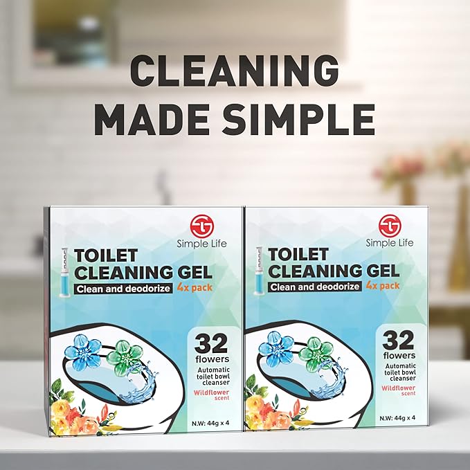Simple Life Toilet Bowl Cleaner Gel | Fresh Flower Toilet Gel Stamp | Stops Limescale and Stains with Air Freshening Scent | Deodorizing Clean | 64 Stamps, Blue & Green