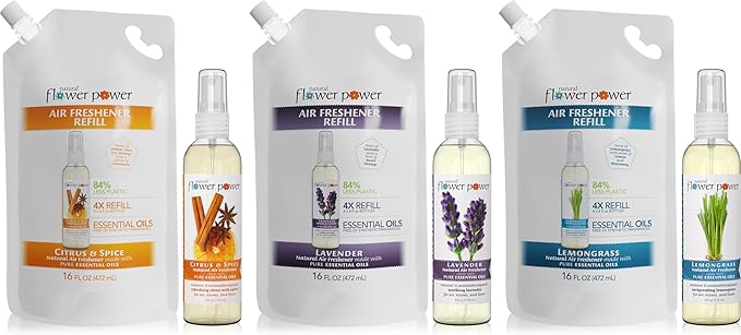 Natural Flower Power Air Freshener Spray Refills - Odor Eliminator w/Essential Oils - Variety Pack - Citrus & Spice, Lavender, Lemongrass - 3 (4 fl oz.) Air Freshener Sprays + 3 (16 fl oz.) Refills