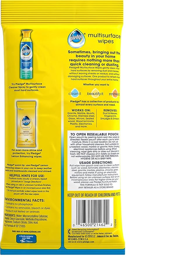 Pledge Multi-Surface Furniture Polish Wipes, Works on Wood, Granite, and Leather, Cleans and Protects, Fresh Citrus - Pack of 6 (150 Total Wipes)