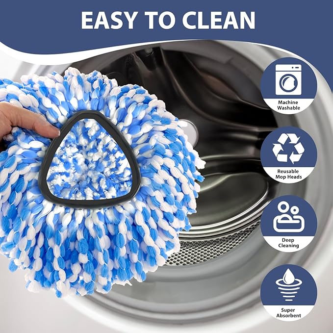 Spin Mop Replacement Set, Includes 2 Mop Head Replacement, 1 Spin Base, 1 Handle (30-58in Adjustable 4-Section Pole)