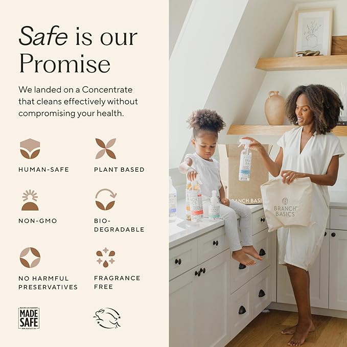 Branch Basics Cleaning Essentials Kit: All Purpose Spray, Glass Cleaner, and Bathroom Cleaner - Concentrate (33.8 Oz) + Plastic Spray Bottles for Cleaning (24 Oz) Non-Toxic, Fragrance-Free