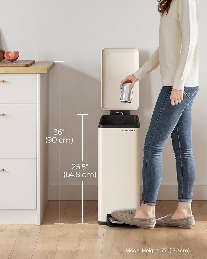 SONGMICS Slim Trash Can, 13-Gallon (50 L) Garbage Can for Narrow Spaces with Soft-Close Lid, Inner Bucket, and Step-on Pedal, Stainless Steel, 15 Trash Bags Included, Sand Beige ULTB510A01