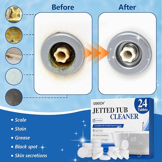 Jetted Tub Cleaner Bathtub Tabs - 24 Pack Jet Tub Cleaning Tablets,Jet Tub Cleaner for Bathtub Compatible with Spa Bath & Whirlpool,Septic Safe Bath Jet Scale and Residue Remover-2 Year Supply