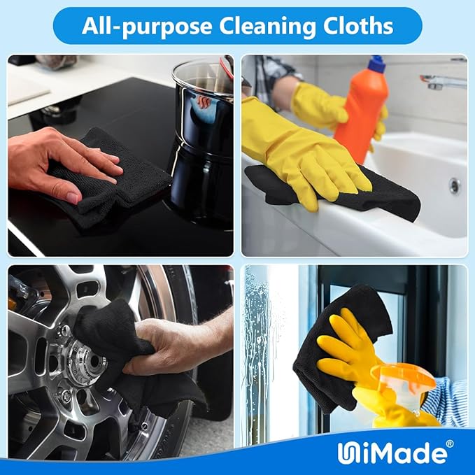Microfiber Cleaning Cloth, 200 Pack Microfiber Towels for Cars Reusable Shop Rags Bulk Lint Free Cleaning Towels for Car Kitchen Automotive Bar Mechanic Restaurant Garage, 11.5"x 11.5", Black