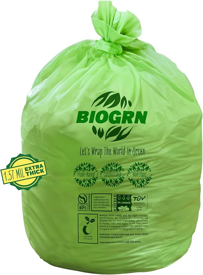 50-55 Gallon Compostable Trash Bags Flat-Top 12 Bags Heavy Duty 1.57 Mil 208.2 Liter Large Lawn and Yard Waste Bag Compost for Outdoor Garden ASTM D6400, US BPI and OK Compost Home Certified