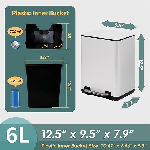 SunnyPoint 6 Liter(1.58 Gallon) Small Trash Can with Plastic Inner Buckets; Rectangle Bathroom, Office, Kitchen, and Bedroom Step On and Slow Close (WHT)