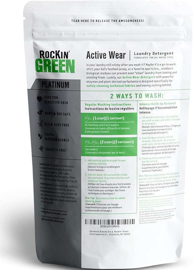 Rockin' Green Laundry Detergent, Plant based, All Natural Laundry Detergent Powder, Vegan and Biodegradable Odor Fighter, Safe for Sensitive Skin (Active Wear 90 Loads - AC/DSea Breeze)
