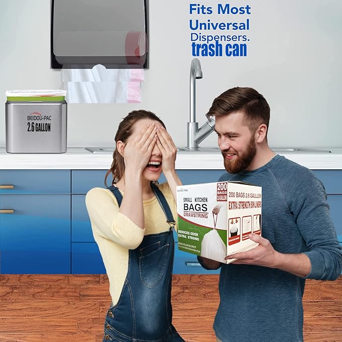 Trash Bags, 2.6 Gallon, 200 Count, Drawstring, Odorless, Extra Thick, White Plastic, Food Scrap Bag for Home Office Bathroom Kitchen Bins