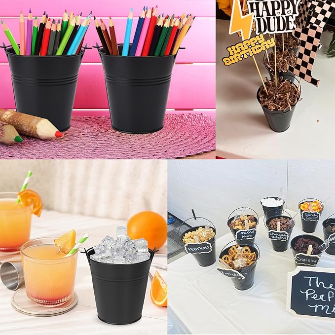 22 Pack 4 Inch Black Mini Metal Bucket, Elegant Galvanized Buckets with Handles, Tin Buckets, Small Iron Bucket, Mini Metal Pail for Party Favors, Crafts, Garden & Beach