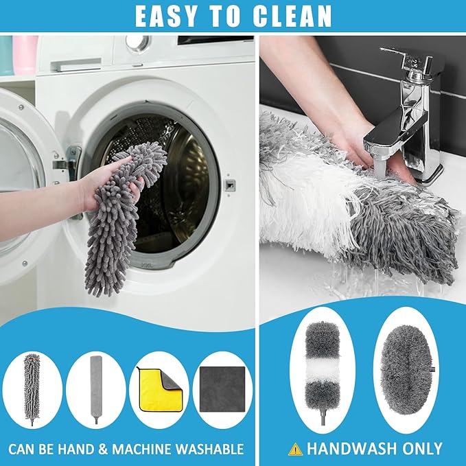 Microfiber Duster Kit 36pcs with 30 to 100 in Extension Pole and Ceiling Fan Cleaner Duster, Washable and Bendable Feather Duster for Cleaning Ceiling Fans, High Ceilings, Blinds, Grey