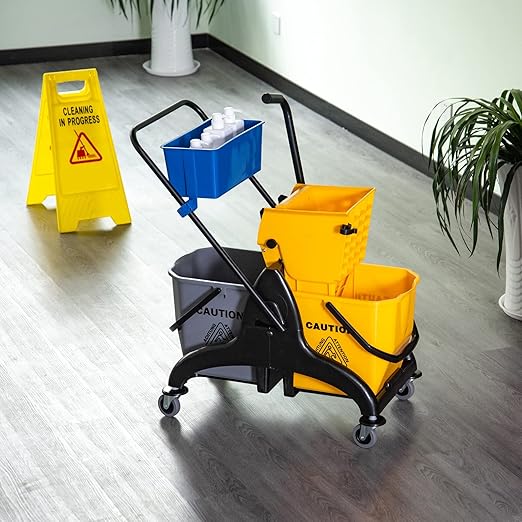 HOMCOM 2 x 6.9 Gallon Mop Water Bucket Wringer Cart with Easy to Use Side Press Wringer, Smooth Wheels, Mop-Handle Holder