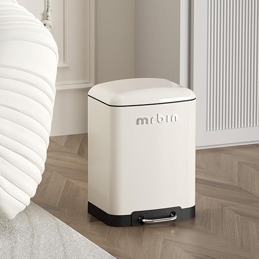 MRBIN Small Bathroom Trash Can with Lid, Metal Step Waste Basket Touchless Soft Close, 6L / 1.6gal Rectangle Garbage Bucket with Stainless Steel Pedal for Kitchen, Office, Bedroom Accessories, White