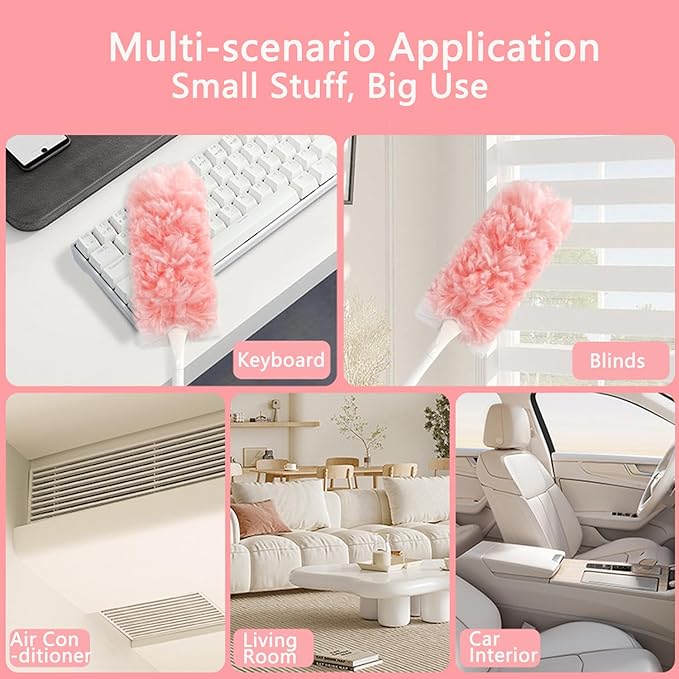 25 Pack Duster Refills with 1 Extended Handle Compatible with S wiffer, Heavy Duty Disposable Dust Removal Tools, Multi-Surface Microfiber Furniture Cleaning Dusters Extendable 35inch Handle - Pink