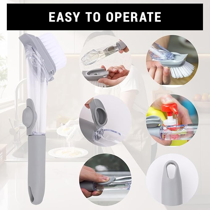 Soap Dispensing Dish Scrubber Brush for Kitchen Sink with 2 Pcs Sponge Refills