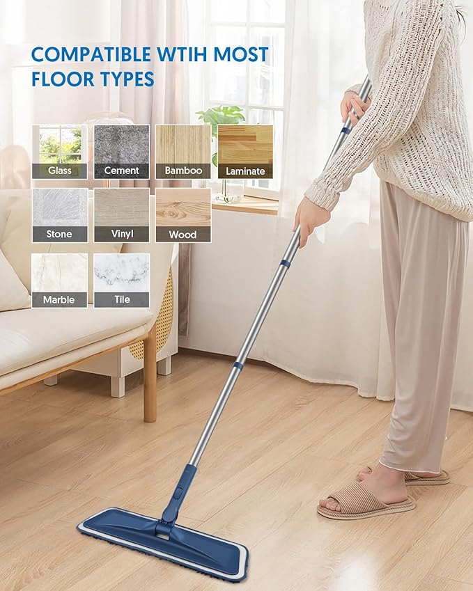 Microfiber Mops for Floor Cleaning - BPAWA Flat Floor Mop Wet Dry Use for Hardwood Floors Laminate Wood Tile Vinyl Wall Hard Surface, Bathroom Kitchen Dust Mop with 4 Reusable Washable Chenille Pads