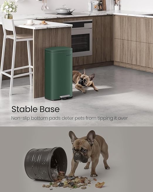 SONGMICS Trash Can with Lid, 8 Gallon Garbage Can, Stainless Steel Small Waste Bin with Step Pedal and Inner Bucket, Soft Close, Kitchen, Retro Green ULTB003C01