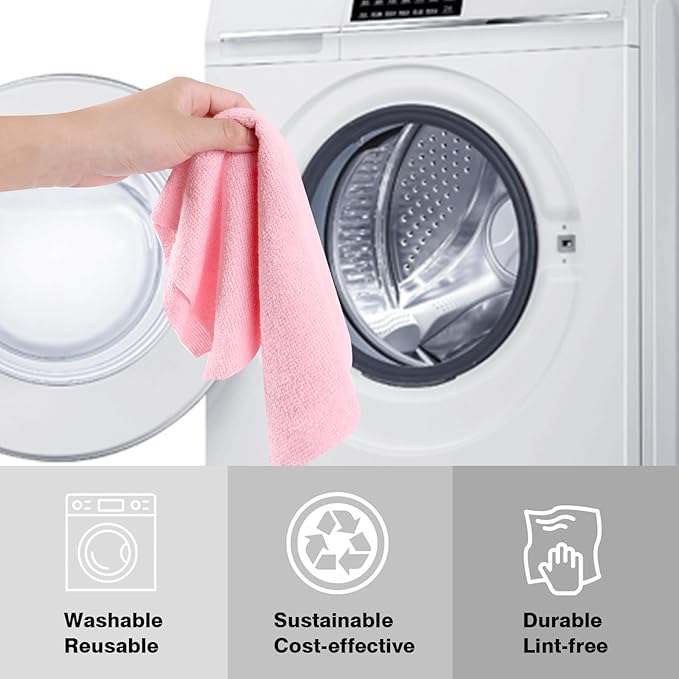 Microfiber Cloth Roll 75 Pack, 180GSM, Tear Away Microfiber Towels 12x12 Inch, Reusable Cleaning Rags for Car Detailing, Kitchen, Dishes, House Cleaning, Windows, Glass, Garage, Shop (Pink)