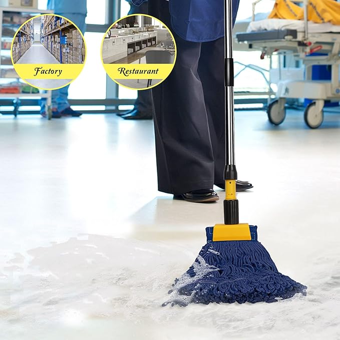 Masthome Industrial Mop, Commercial Mop for Floor Cleaning Heavy Duty, Cotton Mops Looped-End String Wet Mops with 2 MopHeads for Home, Garage, Office Floor Cleaning (Yellow-Blue)