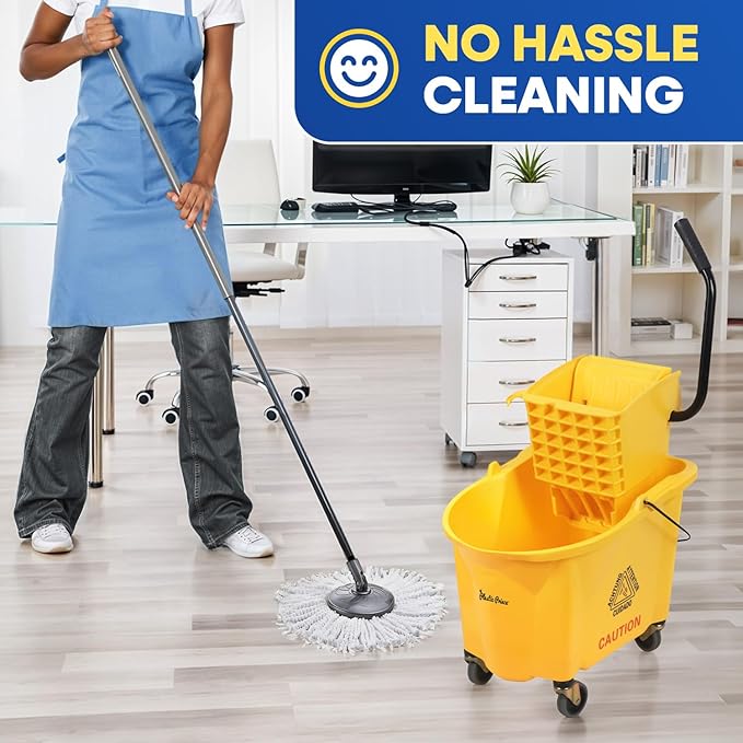 Commercial Mop Bucket with Wringer on Wheels, Heavy Duty Industrial Mop Bucket and Wringer Separate Dirty Water for Home Office Restaurant Business, 26 Quart - Yellow