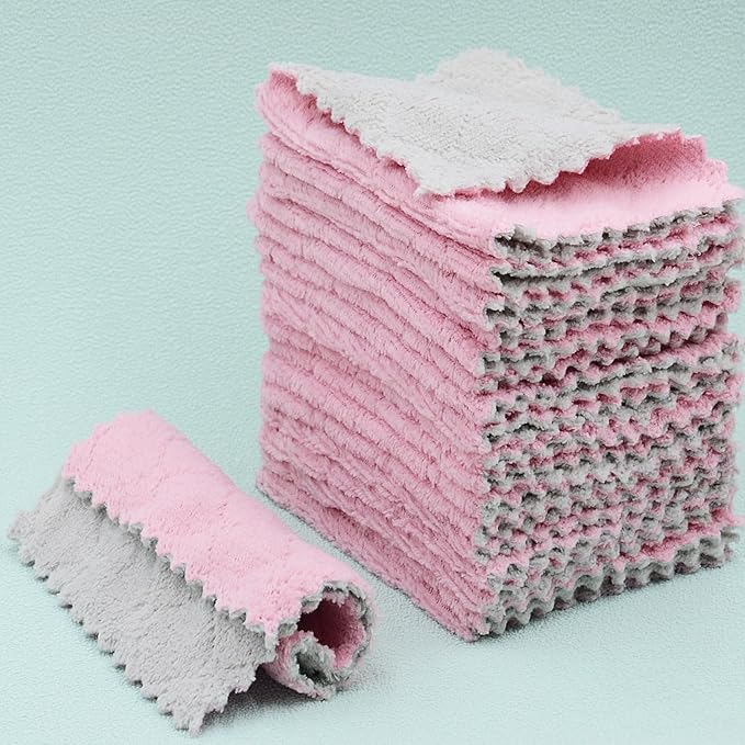 24PCS Kitchen Dishcloth, Microfiber Washcloth, Soft Cleaning Cloths, Coral Fleece/Lint Free/Absorbent/Quick Dry/Nonstick Oil Rags, Reusable Washable Tea Towel, 6''x10'' (Pink)